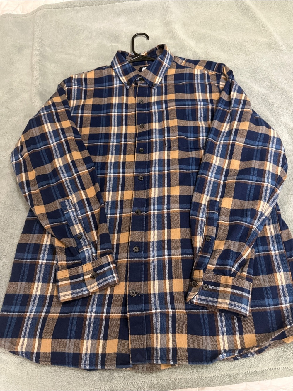 Lands' End Navy and Tan Plaid Long-Sleeve Button-Down Shirt